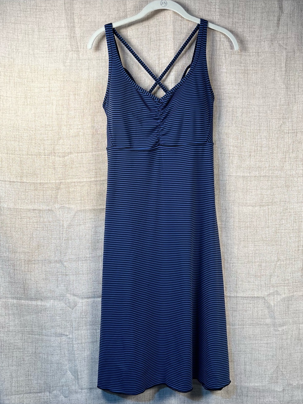 PrAna Dress Sleeveless Strappy Performance Stripes Blue Stretchy Women's Large